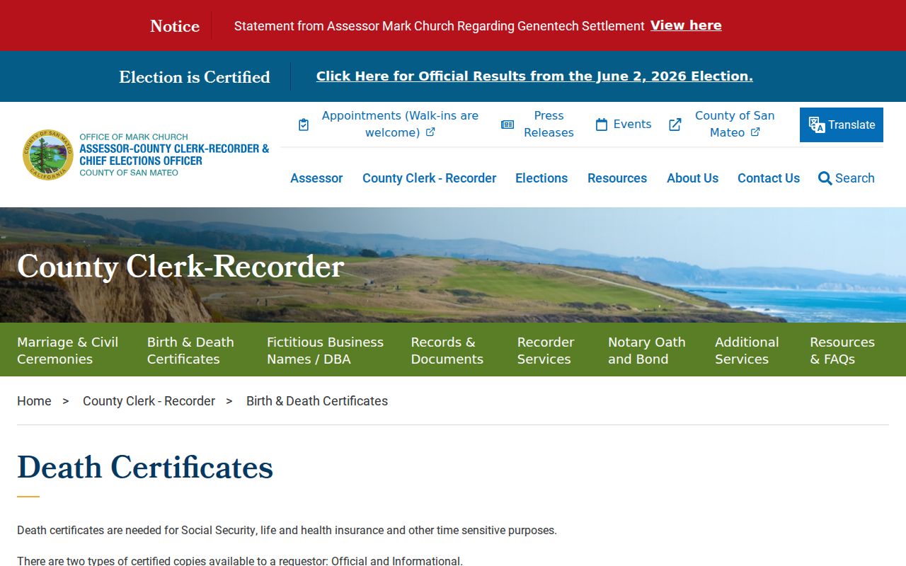 East Palo Alto public records death certificate request