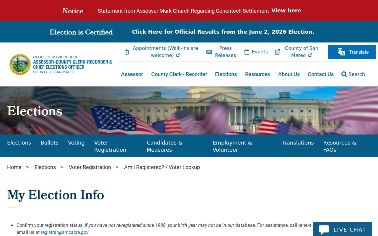 San Mateo County My Election Info page for East Palo Alto voter registration records