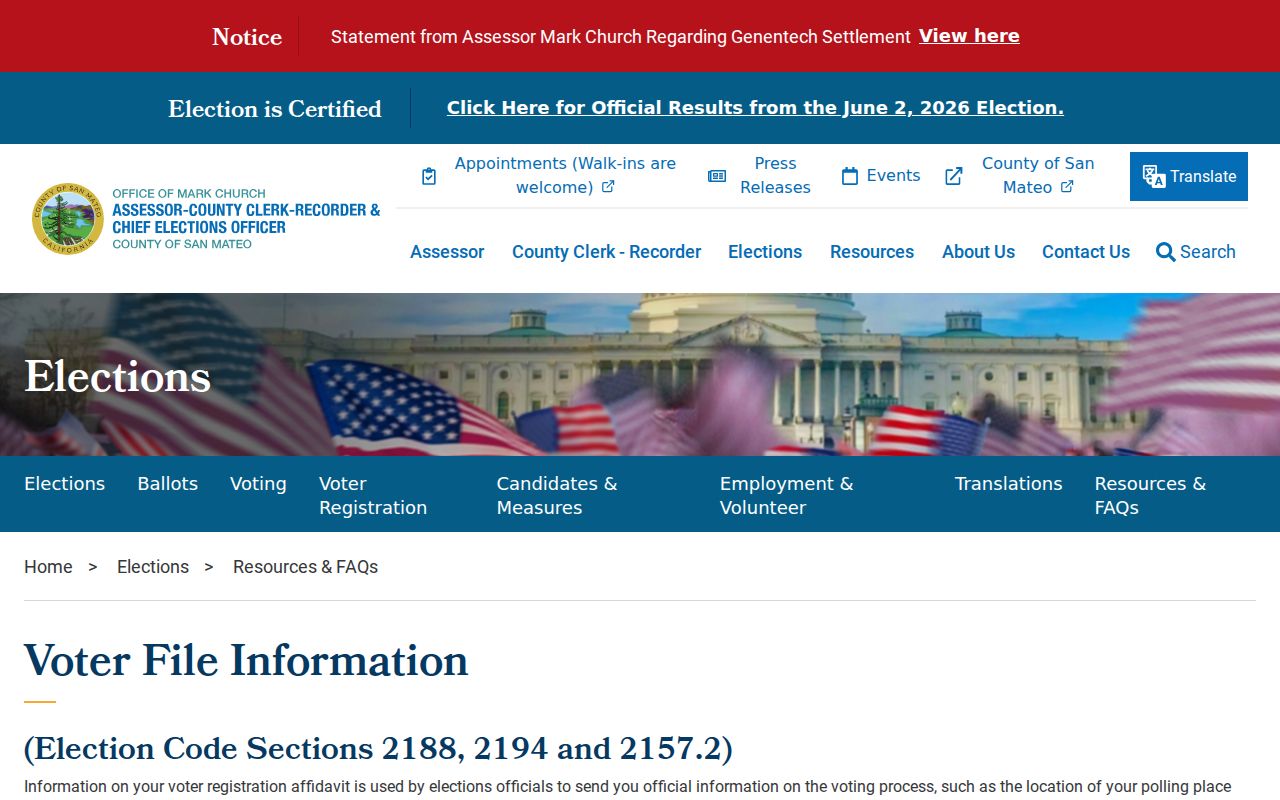 San Mateo County voter-file information page for East Palo Alto voter registration records